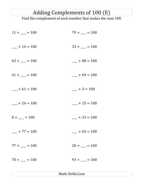 The Adding Complements of 100 (E) Math Worksheet