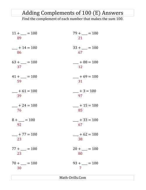 The Adding Complements of 100 (E) Math Worksheet Page 2