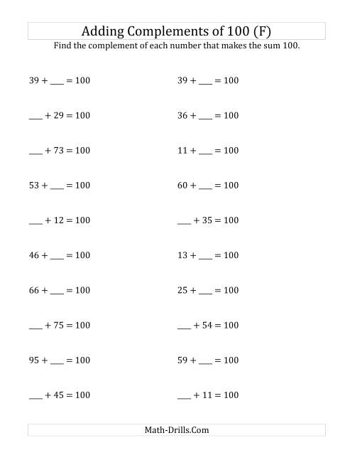 The Adding Complements of 100 (F) Math Worksheet