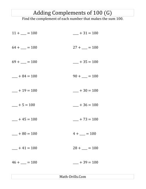 The Adding Complements of 100 (G) Math Worksheet