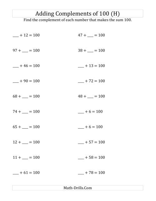 The Adding Complements of 100 (H) Math Worksheet