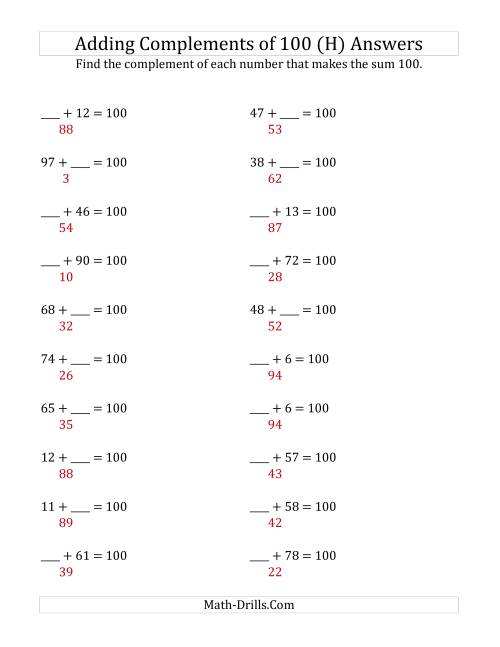 The Adding Complements of 100 (H) Math Worksheet Page 2