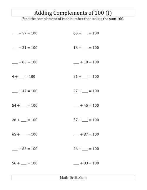 The Adding Complements of 100 (I) Math Worksheet