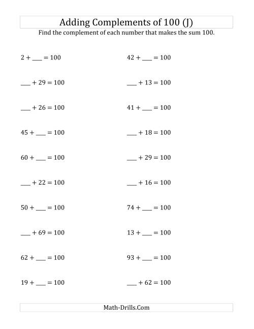 The Adding Complements of 100 (J) Math Worksheet