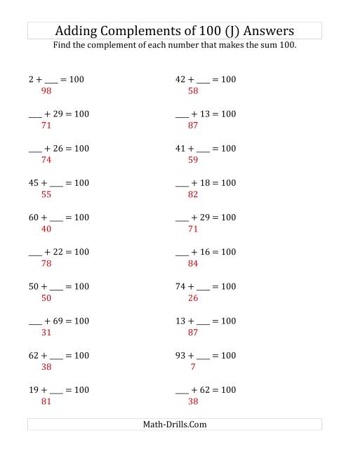 The Adding Complements of 100 (J) Math Worksheet Page 2