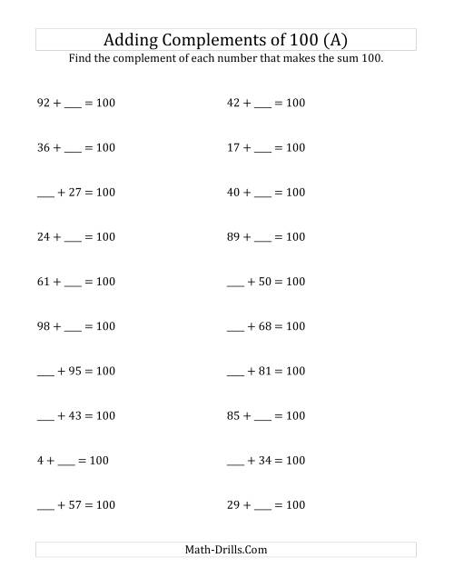 The Adding Complements of 100 (All) Math Worksheet