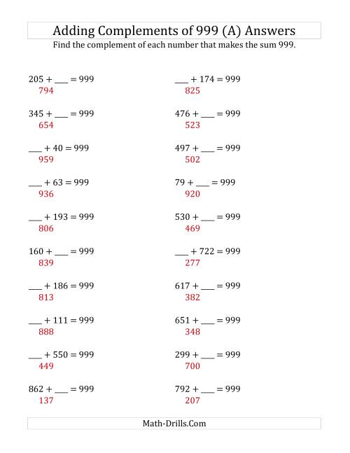 The Adding Complements of 999 (A) Math Worksheet Page 2