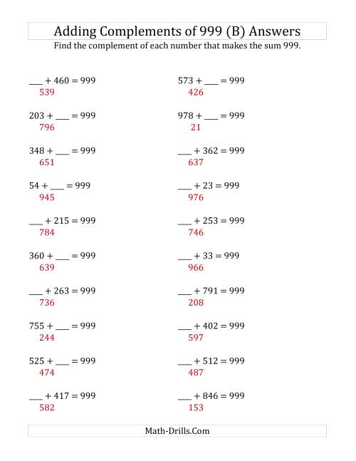 The Adding Complements of 999 (B) Math Worksheet Page 2