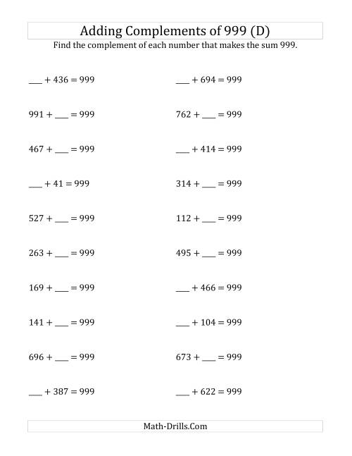 The Adding Complements of 999 (D) Math Worksheet