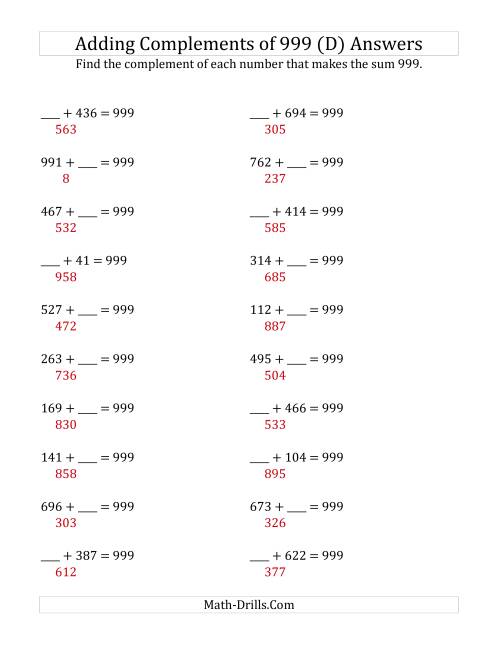 The Adding Complements of 999 (D) Math Worksheet Page 2
