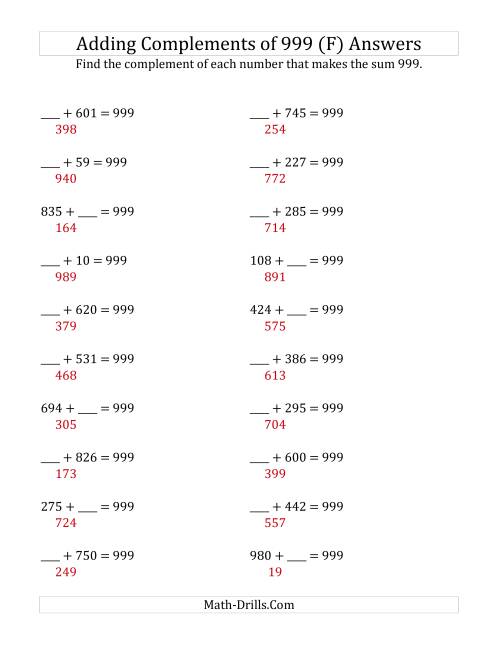 The Adding Complements of 999 (F) Math Worksheet Page 2