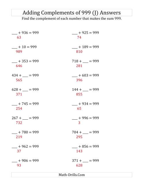 The Adding Complements of 999 (J) Math Worksheet Page 2