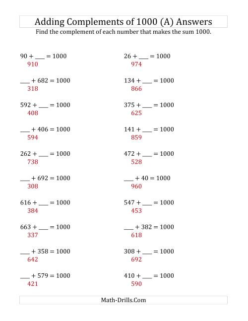 The Adding Complements of 1000 (A) Math Worksheet Page 2