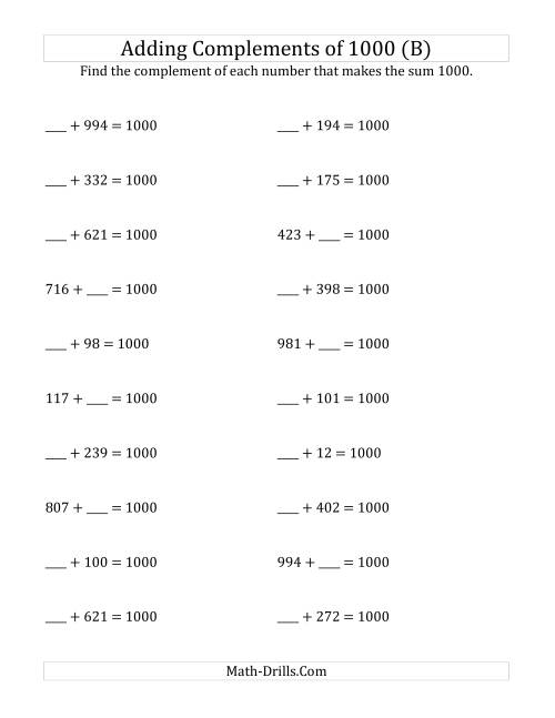 The Adding Complements of 1000 (B) Math Worksheet