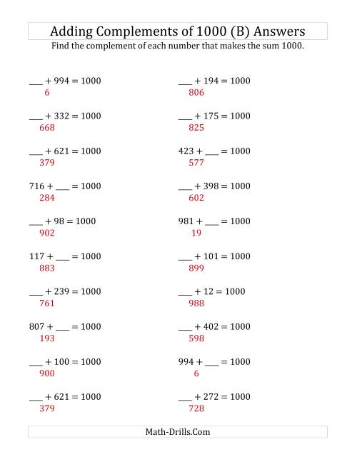 The Adding Complements of 1000 (B) Math Worksheet Page 2