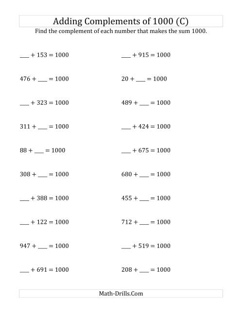 The Adding Complements of 1000 (C) Math Worksheet