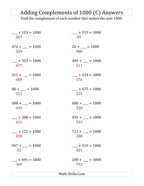 The Adding Complements of 1000 (C) Math Worksheet Page 2