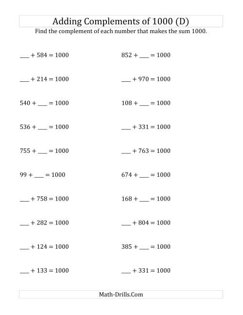 The Adding Complements of 1000 (D) Math Worksheet