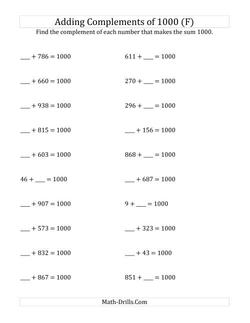 The Adding Complements of 1000 (F) Math Worksheet
