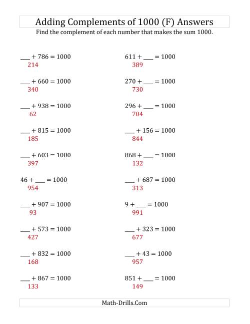 The Adding Complements of 1000 (F) Math Worksheet Page 2