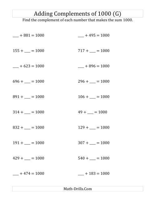 The Adding Complements of 1000 (G) Math Worksheet