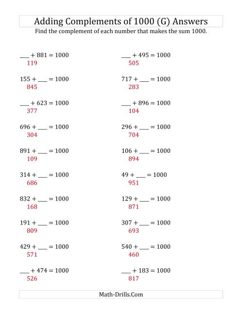 The Adding Complements of 1000 (G) Math Worksheet Page 2