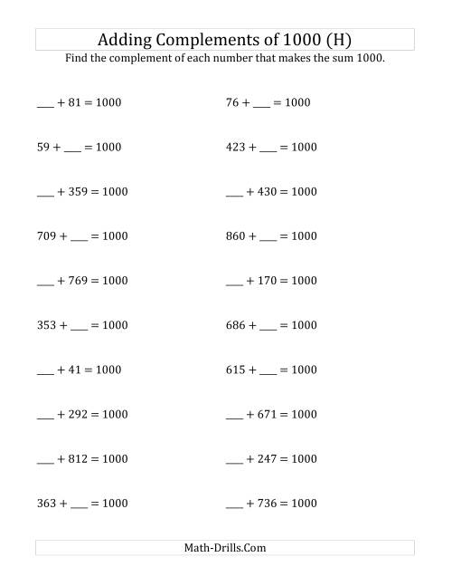 The Adding Complements of 1000 (H) Math Worksheet