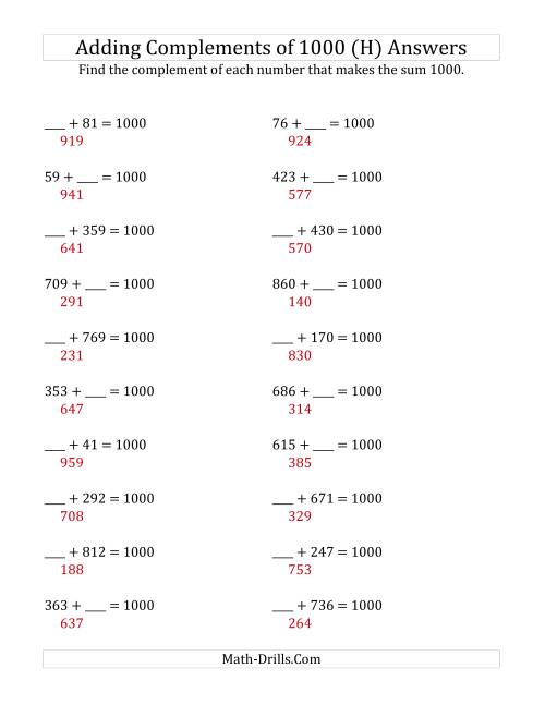 The Adding Complements of 1000 (H) Math Worksheet Page 2