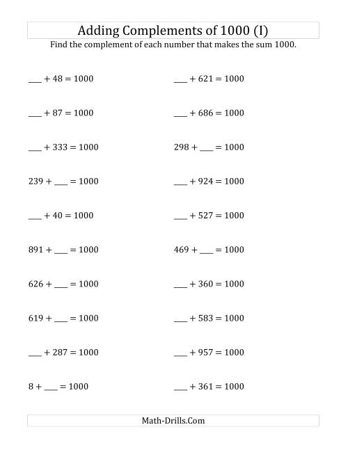 The Adding Complements of 1000 (I) Math Worksheet