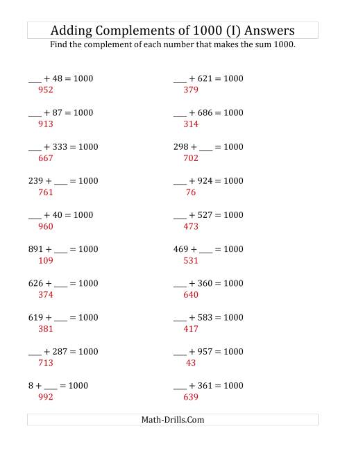 The Adding Complements of 1000 (I) Math Worksheet Page 2