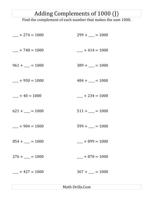 The Adding Complements of 1000 (J) Math Worksheet