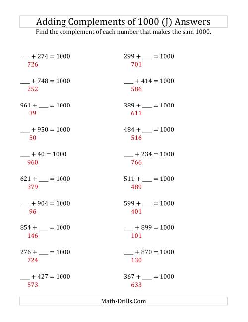 The Adding Complements of 1000 (J) Math Worksheet Page 2
