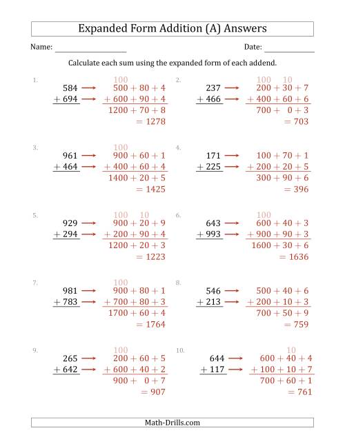 The 3-Digit Expanded Form Addition (A) Math Worksheet Page 2