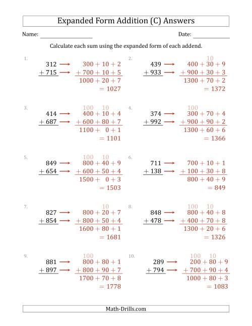 The 3-Digit Expanded Form Addition (C) Math Worksheet Page 2