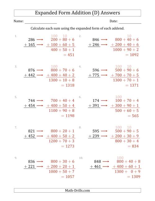 The 3-Digit Expanded Form Addition (D) Math Worksheet Page 2