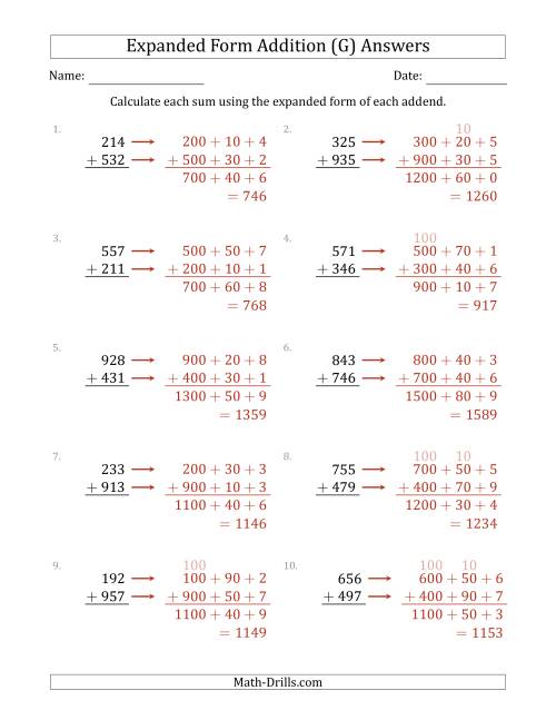 The 3-Digit Expanded Form Addition (G) Math Worksheet Page 2