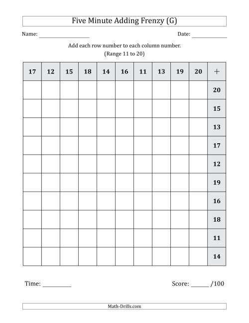 The Five Minute Adding Frenzy (Addend Range 11 to 20) (Left-Handed) (G) Math Worksheet