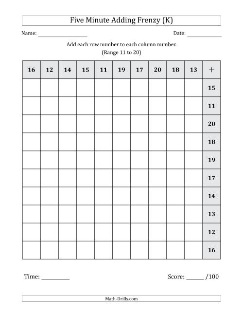The Five Minute Adding Frenzy (Addend Range 11 to 20) (Left-Handed) (K) Math Worksheet