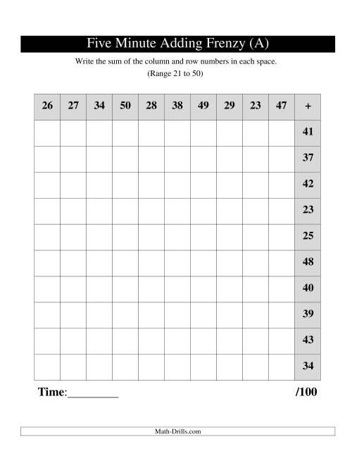 The Five Minute Frenzy -- One per page -- Range 21 to 50 -- Left Handed (Old) Math Worksheet