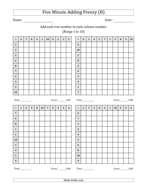 The Five Minute Adding Frenzy (Addend Range 1 to 10) (4 Charts) (B) Math Worksheet