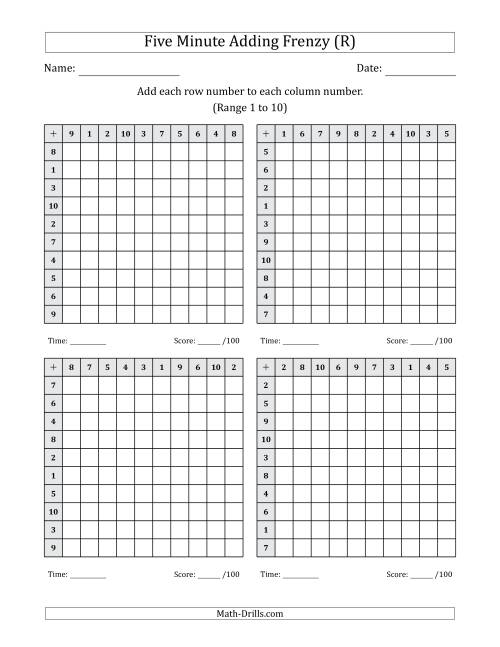The Five Minute Adding Frenzy (Addend Range 1 to 10) (4 Charts) (R) Math Worksheet
