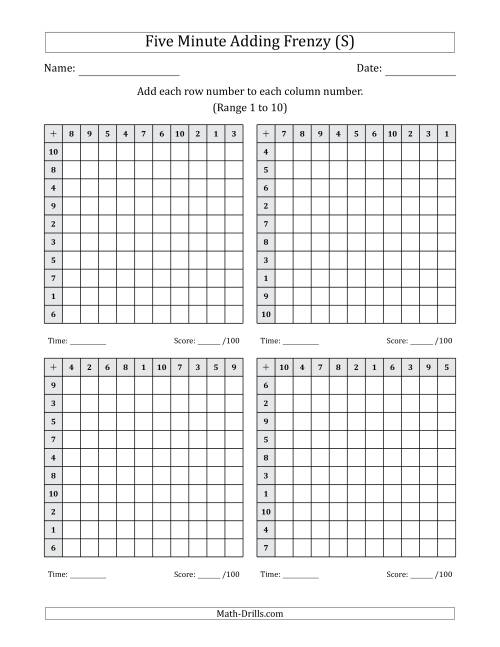The Five Minute Adding Frenzy (Addend Range 1 to 10) (4 Charts) (S) Math Worksheet