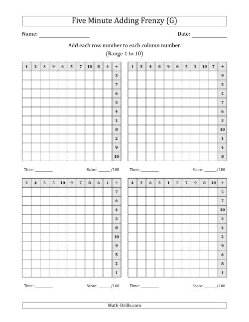 The Five Minute Adding Frenzy (Addend Range 1 to 10) (4 Charts) (Left-Handed) (G) Math Worksheet