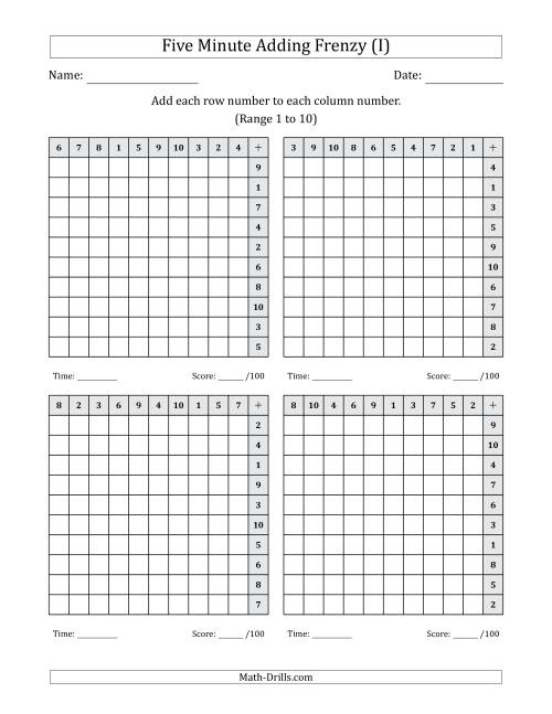 The Five Minute Adding Frenzy (Addend Range 1 to 10) (4 Charts) (Left-Handed) (I) Math Worksheet