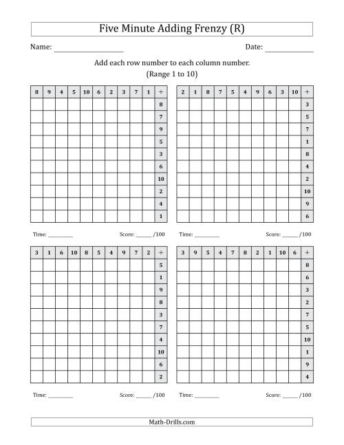 The Five Minute Adding Frenzy (Addend Range 1 to 10) (4 Charts) (Left-Handed) (R) Math Worksheet