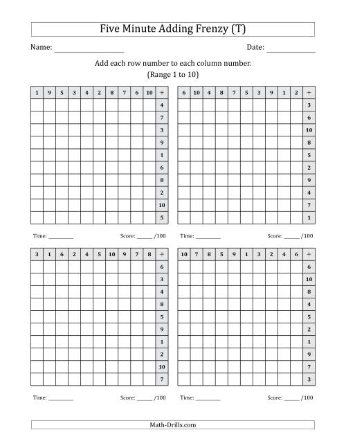 The Five Minute Adding Frenzy (Addend Range 1 to 10) (4 Charts) (Left-Handed) (T) Math Worksheet