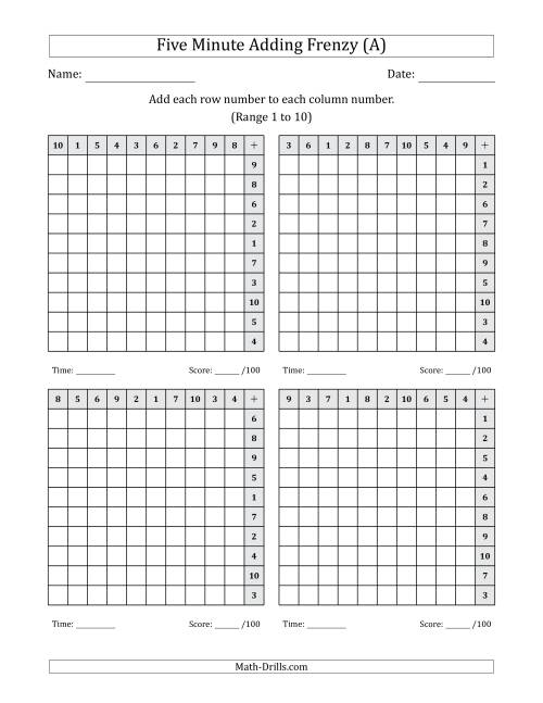 The Five Minute Adding Frenzy (Addend Range 1 to 10) (4 Charts) (Left-Handed) (All) Math Worksheet