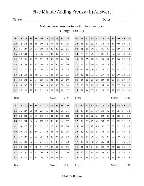 The Five Minute Adding Frenzy (Addend Range 11 to 20) (4 Charts) (L) Math Worksheet Page 2
