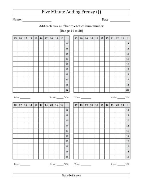 The Five Minute Adding Frenzy (Addend Range 11 to 20) (4 Charts) (Left-Handed) (J) Math Worksheet