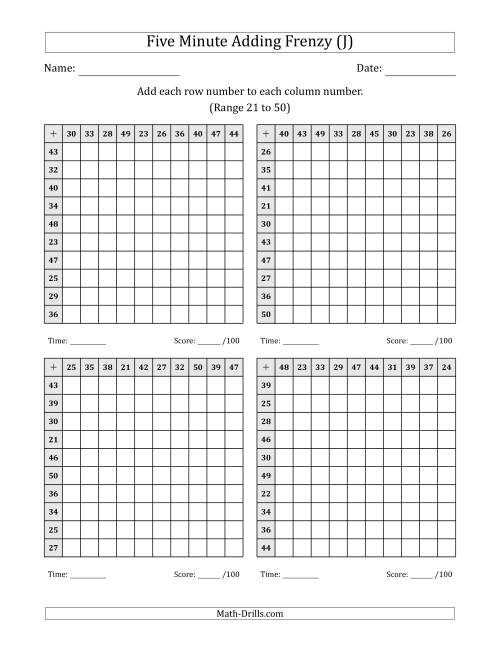 The Five Minute Adding Frenzy (Addend Range 21 to 50) (4 Charts) (J) Math Worksheet